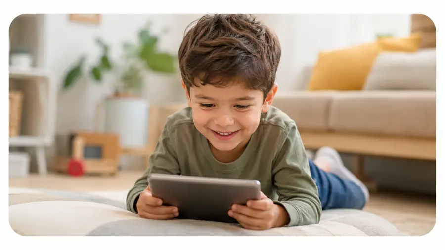 Criança usando tablet na sala